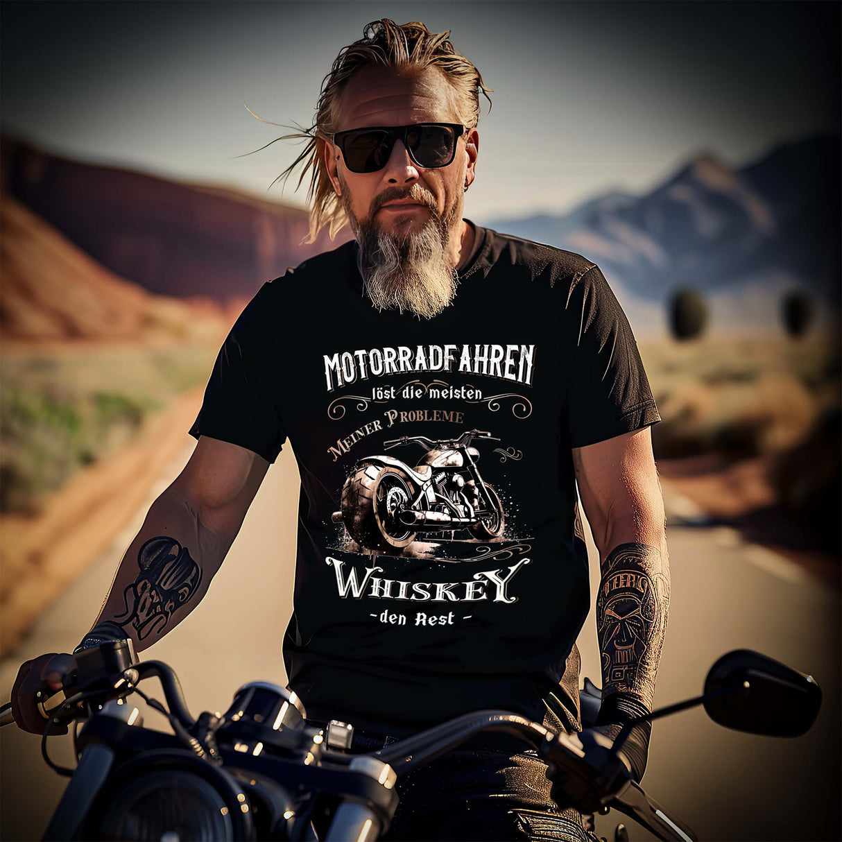 Ein Biker mit einem T-Shirt für Motorradfahrer von Wingbikers mit dem Aufdruck, Motorradfahren löst die meisten meiner Probleme - Whiskey den Rest - in schwarz.