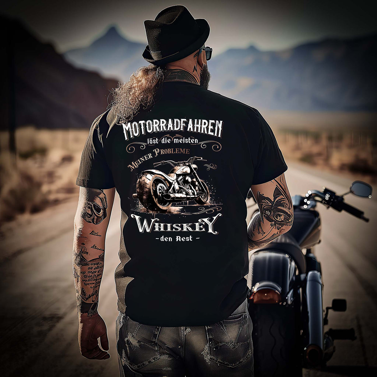 Ein Biker mit einem T-Shirt für Motorradfahrer von Wingbikers mit dem Aufdruck, Motorradfahren löst die meisten meiner Probleme - Whiskey den Rest - mit Back Print, in schwarz.