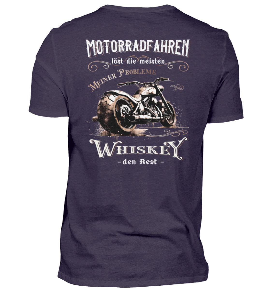 Ein Biker T-Shirt für Motorradfahrer von Wingbikers mit dem Aufdruck, Motorradfahren löst die meisten meiner Probleme - Whiskey den Rest - mit Back Print, in aubergine.