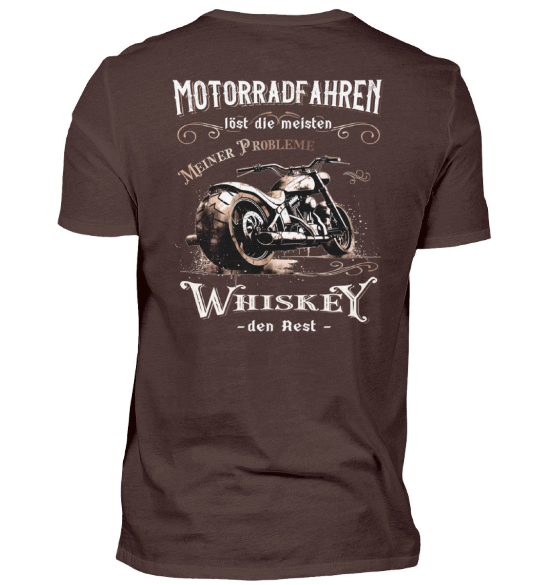 Ein Biker T-Shirt für Motorradfahrer von Wingbikers mit dem Aufdruck, Motorradfahren löst die meisten meiner Probleme - Whiskey den Rest - mit Back Print, in braun.