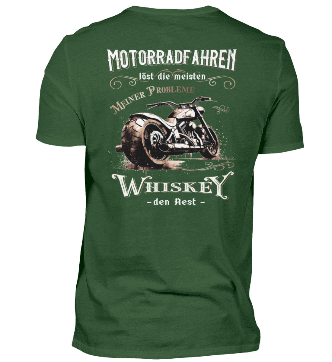 Ein Biker T-Shirt für Motorradfahrer von Wingbikers mit dem Aufdruck, Motorradfahren löst die meisten meiner Probleme - Whiskey den Rest - mit Back Print, in dunkelgrün.