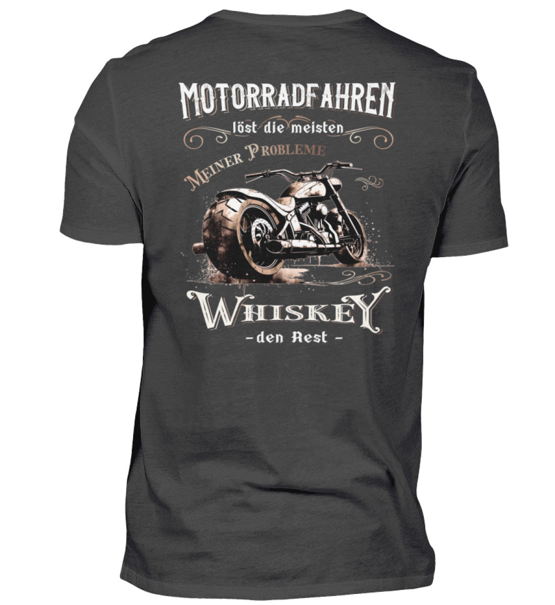 Ein Biker T-Shirt für Motorradfahrer von Wingbikers mit dem Aufdruck, Motorradfahren löst die meisten meiner Probleme - Whiskey den Rest - mit Back Print, in graphite.