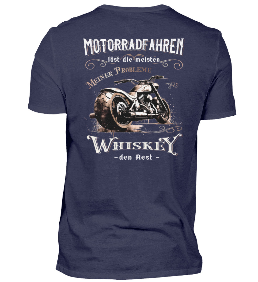 Ein Biker T-Shirt für Motorradfahrer von Wingbikers mit dem Aufdruck, Motorradfahren löst die meisten meiner Probleme - Whiskey den Rest - mit Back Print, in navy.