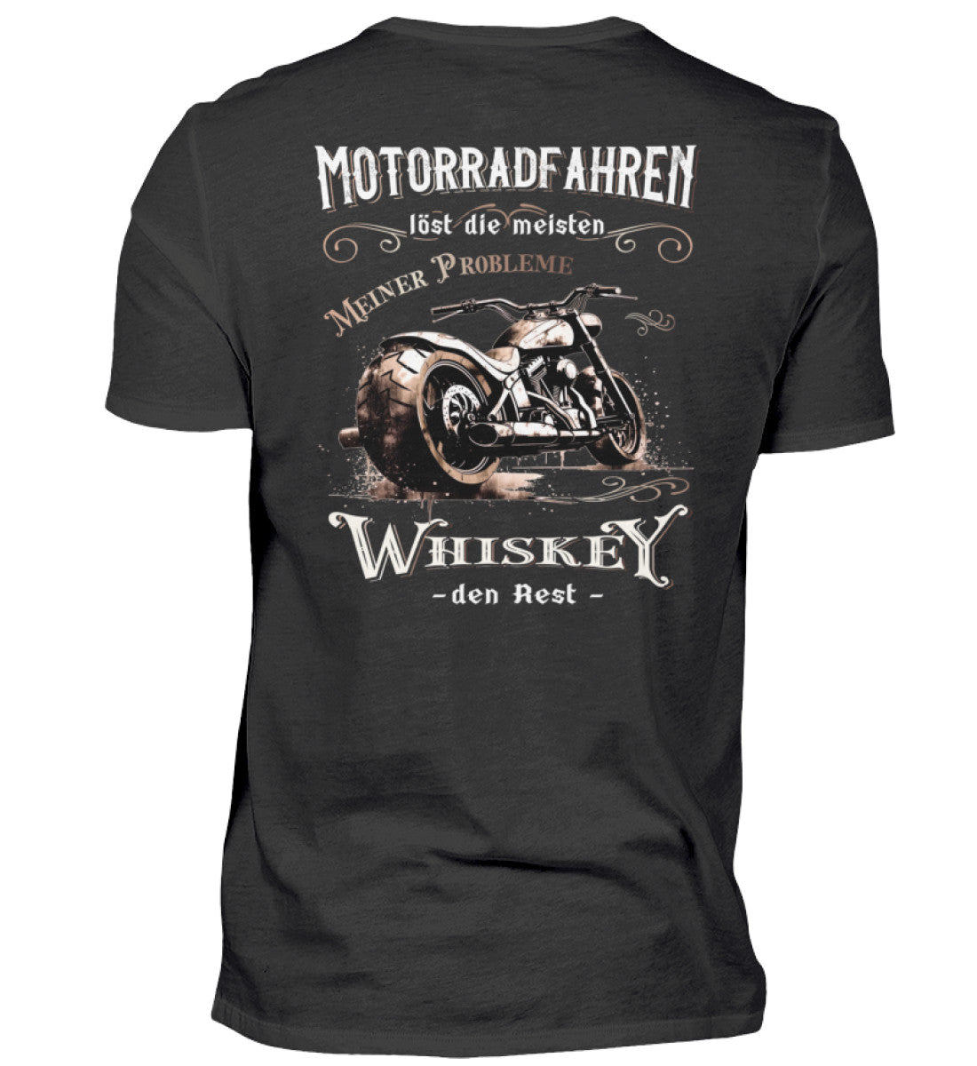 Ein Biker T-Shirt für Motorradfahrer von Wingbikers mit dem Aufdruck, Motorradfahren löst die meisten meiner Probleme - Whiskey den Rest - mit Back Print, in schwarz.