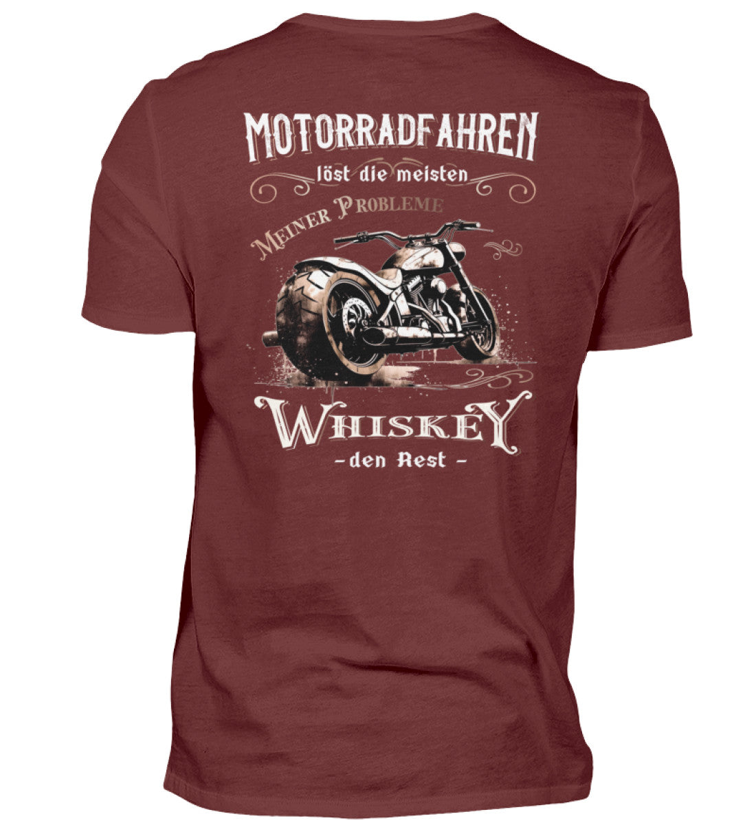 Ein Biker T-Shirt für Motorradfahrer von Wingbikers mit dem Aufdruck, Motorradfahren löst die meisten meiner Probleme - Whiskey den Rest - mit Back Print, in weinrot.