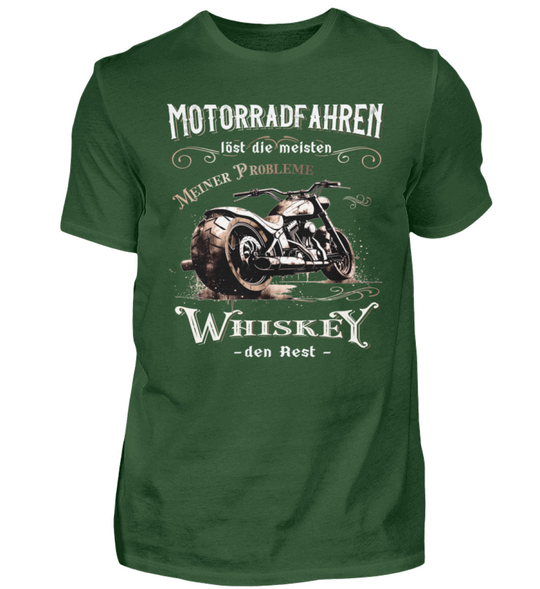 Ein Biker T-Shirt für Motorradfahrer von Wingbikers mit dem Aufdruck, Motorradfahren löst die meisten meiner Probleme - Whiskey den Rest - in dunkelgrün.