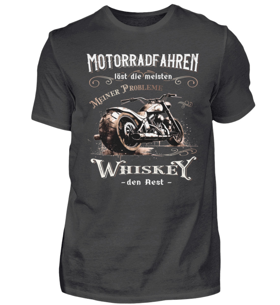 Ein Biker T-Shirt für Motorradfahrer von Wingbikers mit dem Aufdruck, Motorradfahren löst die meisten meiner Probleme - Whiskey den Rest - in dunkelgrau.