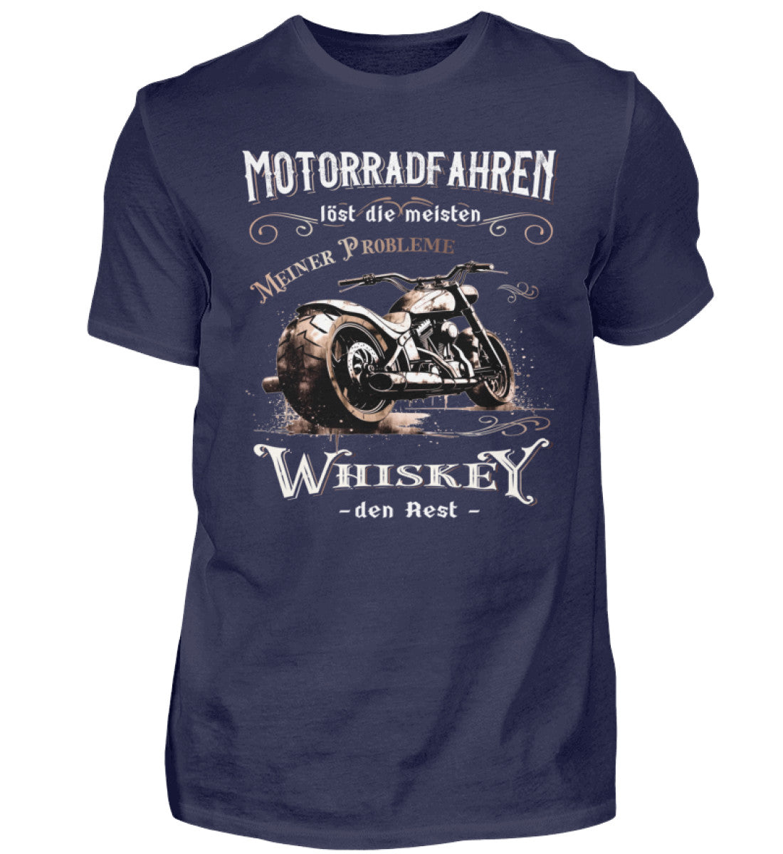 Ein Biker T-Shirt für Motorradfahrer von Wingbikers mit dem Aufdruck, Motorradfahren löst die meisten meiner Probleme - Whiskey den Rest - in navy.