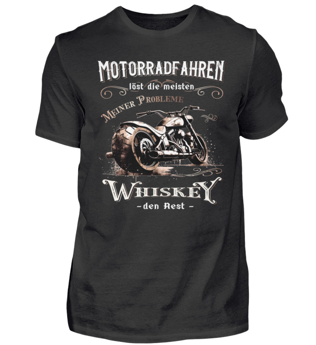 Ein Biker T-Shirt für Motorradfahrer von Wingbikers mit dem Aufdruck, Motorradfahren löst die meisten meiner Probleme - Whiskey den Rest - in schwarz.