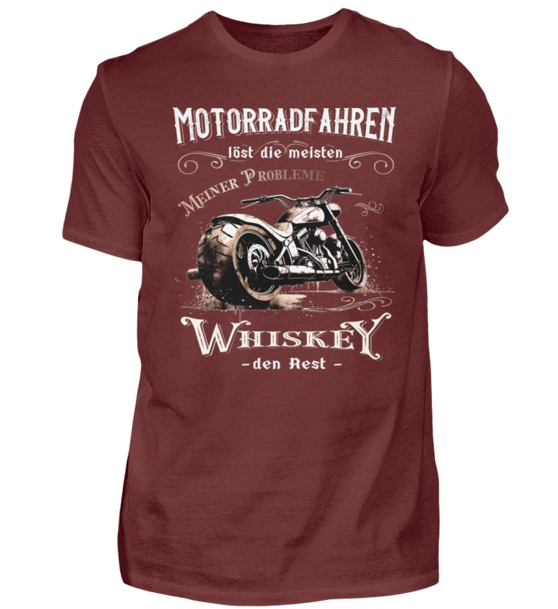 Ein Biker T-Shirt für Motorradfahrer von Wingbikers mit dem Aufdruck, Motorradfahren löst die meisten meiner Probleme - Whiskey den Rest - in weinrot.