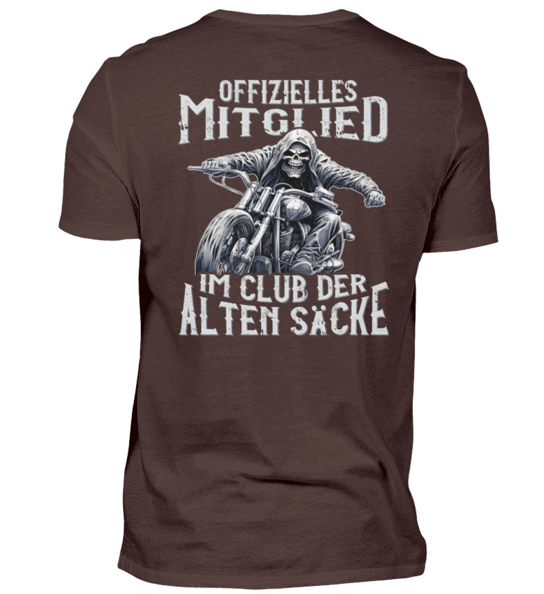 Ein Biker T-Shirt mit Back Print für Motorradfahrer von Wingbikers mit dem Aufdruck, Offizielles Mitglied im Club der alten Säcke, in braun.