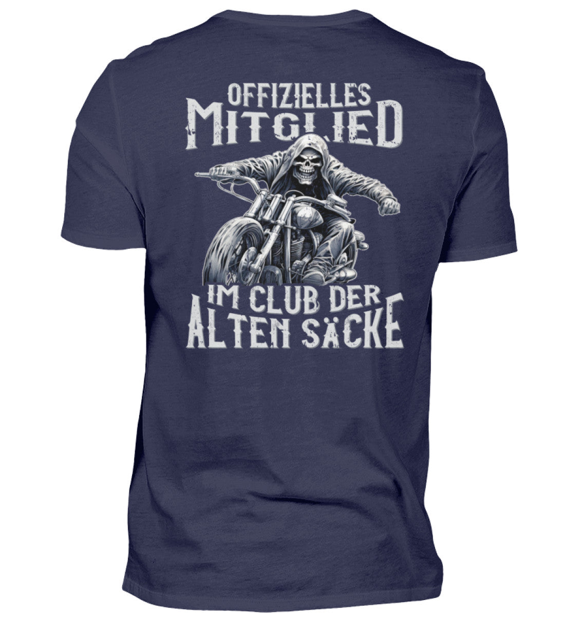 Ein Biker T-Shirt mit Back Print für Motorradfahrer von Wingbikers mit dem Aufdruck, Offizielles Mitglied im Club der alten Säcke, in navy blau.