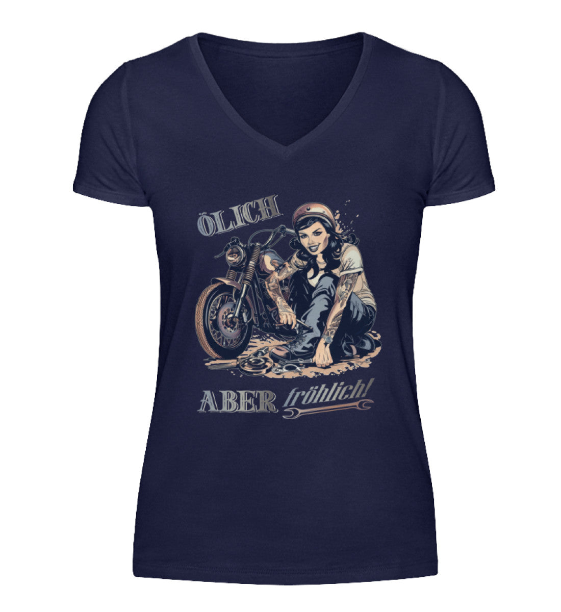 Ein T-Shirt mit V-Ausschnitt für Motorradfahrerinnen von Wingbikers mit dem Aufdruck, Ölich aber fröhlich, in dunkelblau.