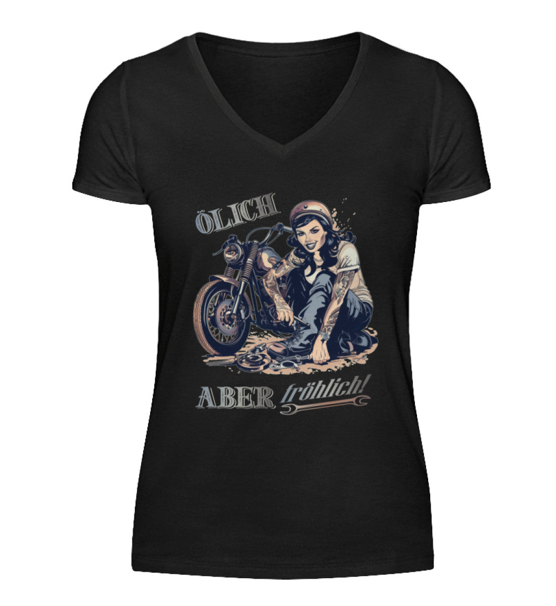 Ein T-Shirt mit V-Ausschnitt für Motorradfahrerinnen von Wingbikers mit dem Aufdruck, Ölich aber fröhlich, in schwarz.