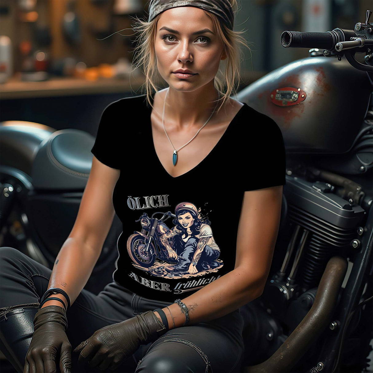 Eine Motorradfahrerin mit einem T-Shirt mit V-Ausschnitt von Wingbikers, mit dem Aufdruck, Ölich aber fröhlich, in schwarz.