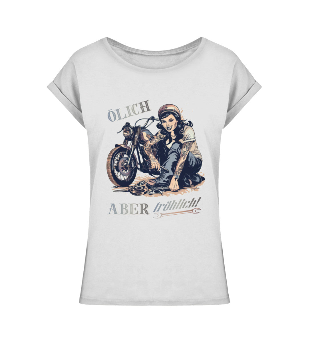 Ein T-Shirt für Motorradfahrerinnen von Wingbikers mit dem Aufdruck, Ölich aber fröhlich, leger geschnitten, in hellgrau.