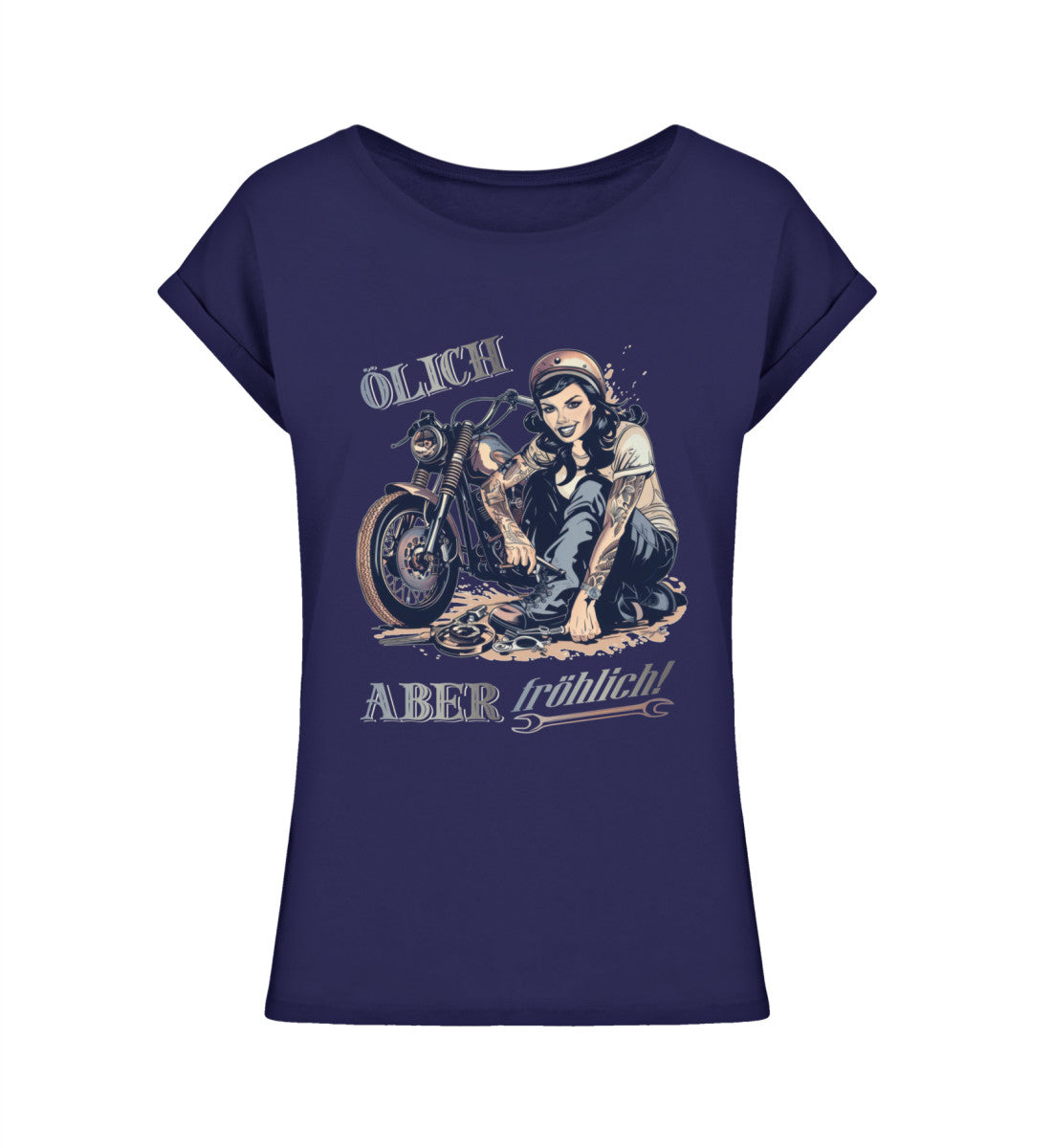 Ein T-Shirt für Motorradfahrerinnen von Wingbikers mit dem Aufdruck, Ölich aber fröhlich, leger geschnitten, in navy.