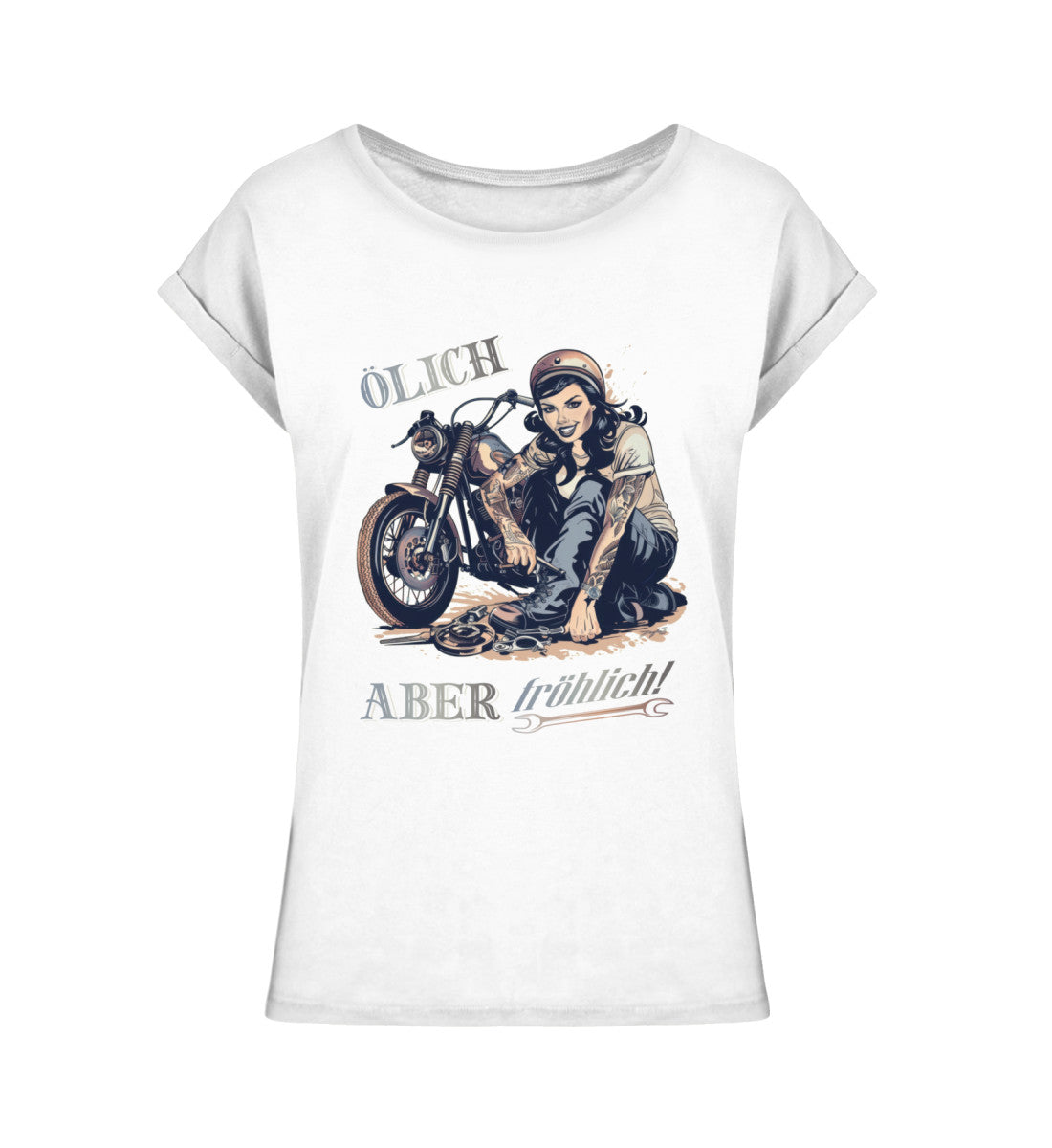 Ein T-Shirt für Motorradfahrerinnen von Wingbikers mit dem Aufdruck, Ölich aber fröhlich, leger geschnitten, in weiß.