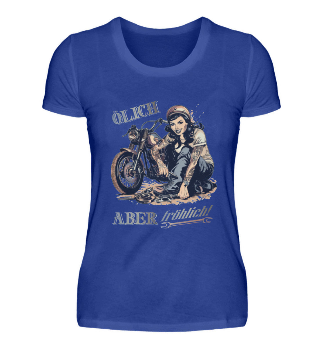 Ein T-Shirt für Motorradfahrerinnen von Wingbikers mit dem Aufdruck, Ölich aber fröhlich, in royal.