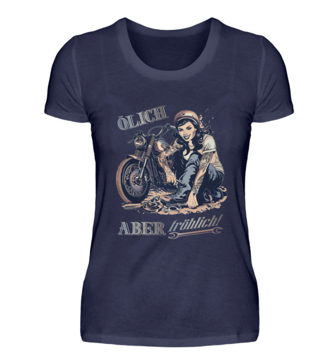 Ein T-Shirt für Motorradfahrerinnen von Wingbikers mit dem Aufdruck, Ölich aber fröhlich, in navy.