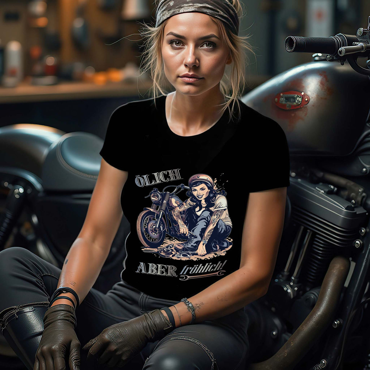 Eine Motorradfahrerin mit einem T-Shirt für Motorradfahrerinnen von Wingbikers mit dem Aufdruck, Ölich aber fröhlich, in schwarz.