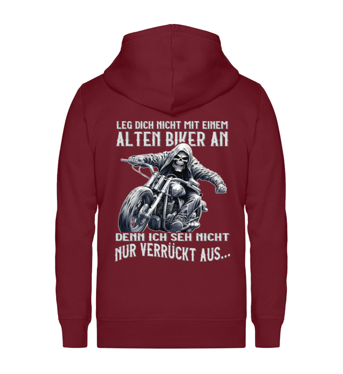 Eine Reißverschluss-Jacke für Motorradfahrer von Wingbikers mit dem Aufdruck, Leg dich nicht mit einem alten Biker an, denn ich seh nicht nur verrückt aus, in burgunder weinrot.
