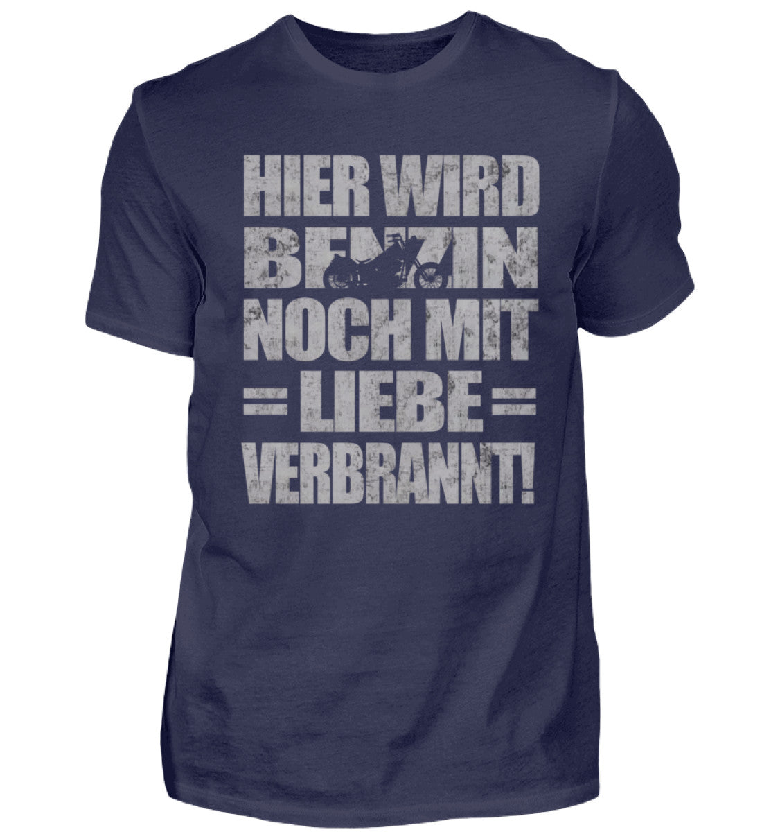 Ein Biker T-Shirt für Motorradfahrer von Wingbikers mit dem Aufdruck, Hier wird Benzin noch mit Liebe verbrannt - in navy blau.