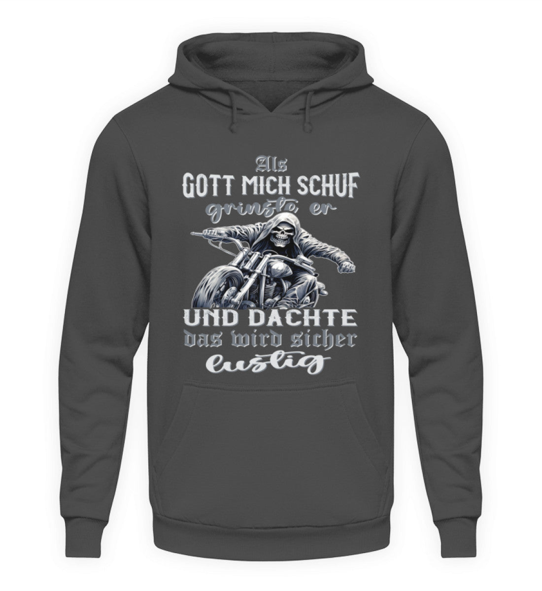 Ein Biker Hoodie für Motorradfahrer von Wingbikers mit dem Aufdruck, Als Gott mich schuf grinste er und dachte, das wird sicher lustig! - in dunkegrau.