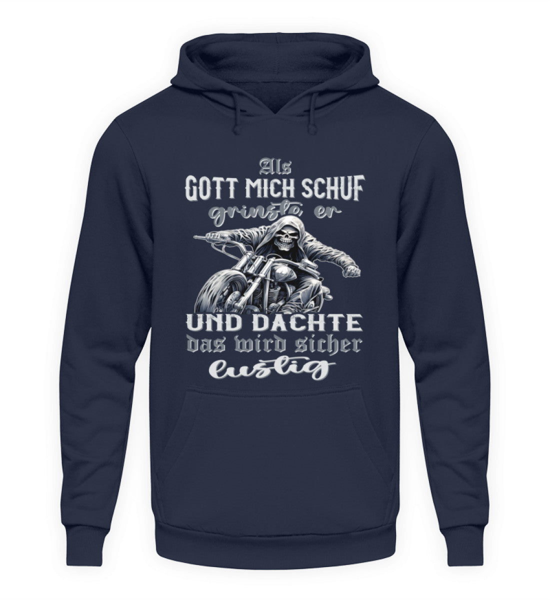Ein Biker Hoodie für Motorradfahrer von Wingbikers mit dem Aufdruck, Als Gott mich schuf grinste er und dachte, das wird sicher lustig! - in navy blau.