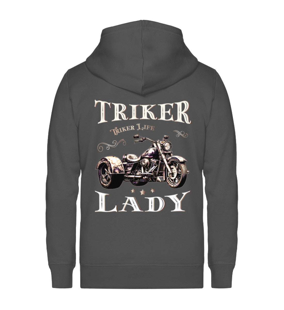 Eine Reißverschluss-Jacke für Trike Fahrerinnen von Wingbikers mit dem Aufdruck, Triker Lady - Triker Life im vintage Stil, in dunkelgrau.