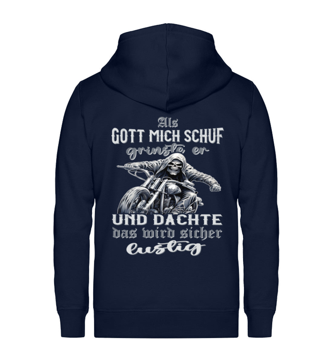 Eine Reißverschluss-Jacke für Motorradfahrer von Wingbikers mit dem Aufdruck, Als Gott mich schuf grinste er und dachte, das wird sicher lustig! - in navy blau.