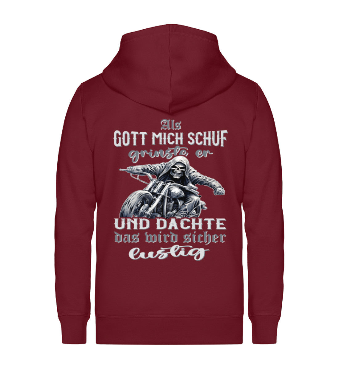 Eine Reißverschluss-Jacke für Motorradfahrer von Wingbikers mit dem Aufdruck, Als Gott mich schuf grinste er und dachte, das wird sicher lustig! - in burgunder weinrot.