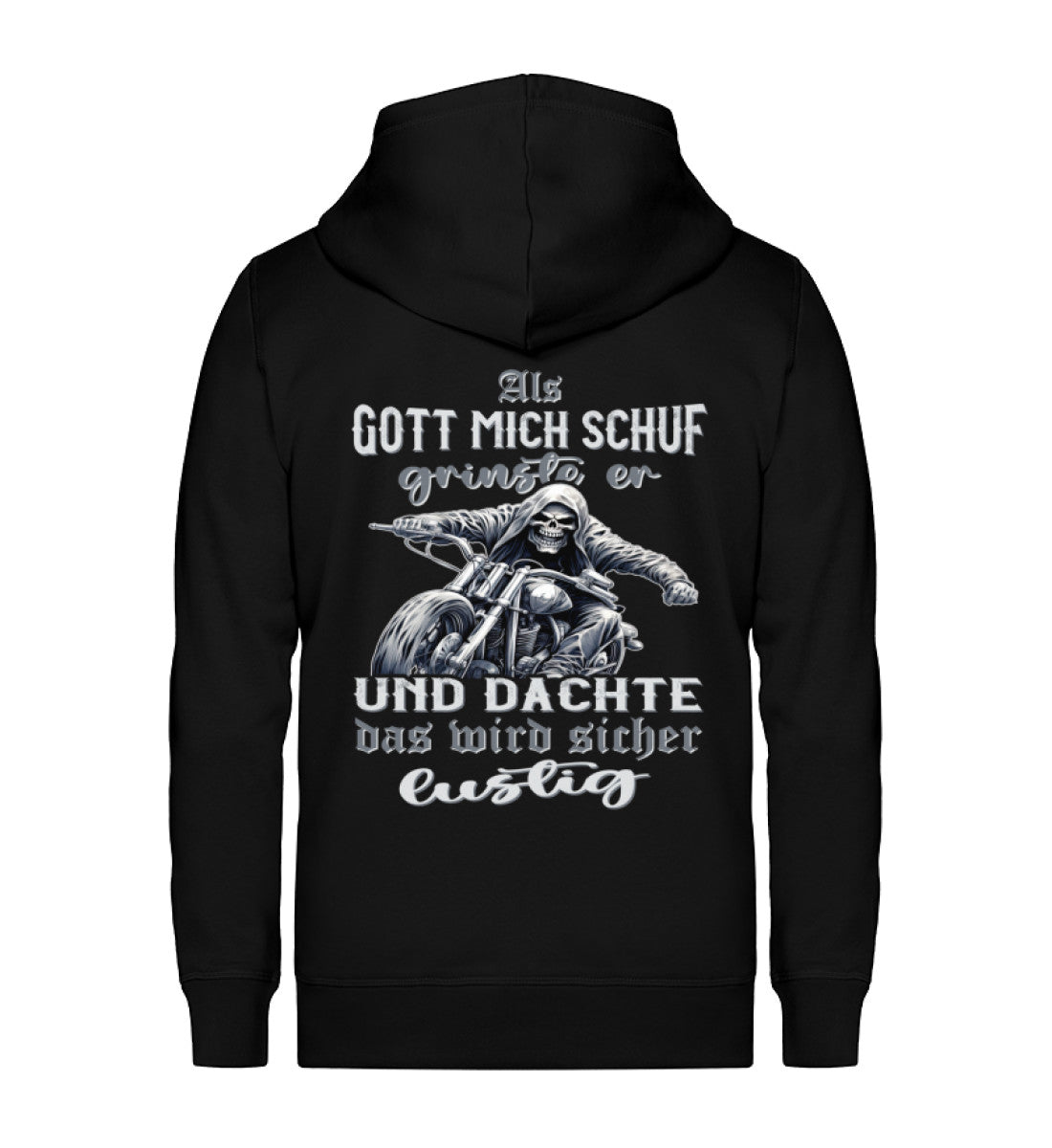 Eine Reißverschluss-Jacke für Motorradfahrer von Wingbikers mit dem Aufdruck, Als Gott mich schuf grinste er und dachte, das wird sicher lustig! - in schwarz.