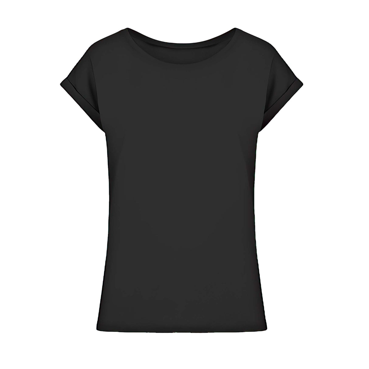 Ein T-Shirt für Motorradfahrerinnen von Wingbikers mit dem Aufdruck, Echte Frauen brauchen nur zwei Reifen - mit Back Print, leger geschnitten, in schwarz, Ansicht von vorne.