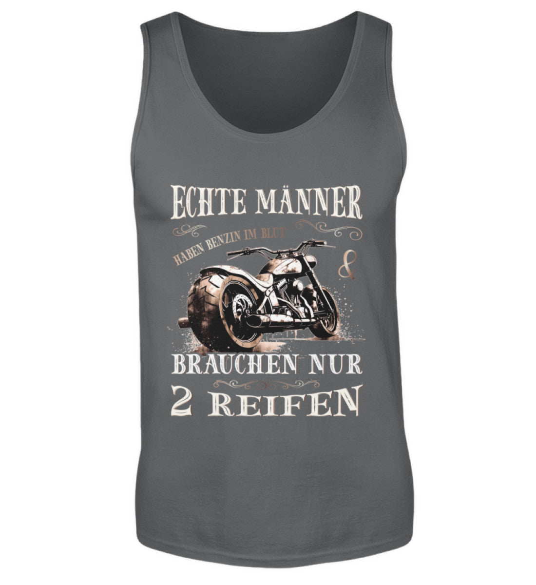 Ein Tanktop für Motorradfahrer von Wingbikers mit dem Aufdruck, Echte Männer brauchen nur 2 Reifen, in dunkelgrau.