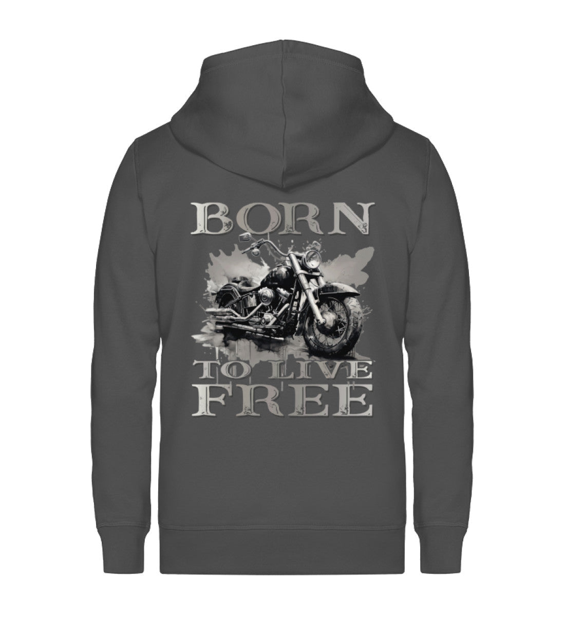 Ein Reißverschluss-Jacke für Motorradfahrer von Wingbikers mit dem Aufdruck, Born to Live Free, in dunkelgrau.