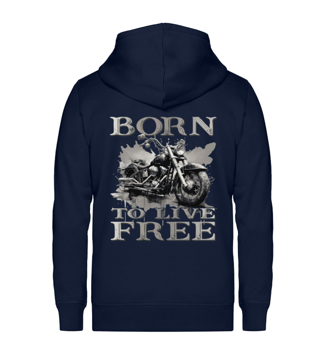 Ein Reißverschluss-Jacke für Motorradfahrer von Wingbikers mit dem Aufdruck, Born to Live Free, in navy blau.