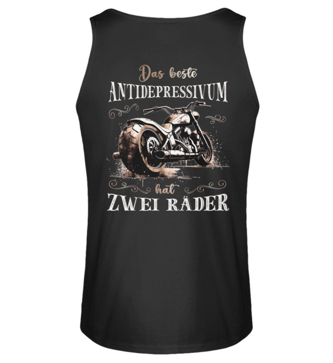 Ein Biker Tanktop für Motorradfahrer von Wingbikers mit dem Aufdruck, Das beste Antidepressivum hat zwei Räder, mit Back Print, in schwarz.