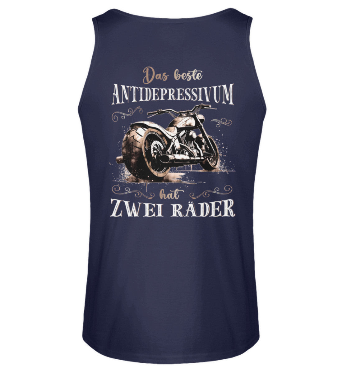Ein Biker Tanktop für Motorradfahrer von Wingbikers mit dem Aufdruck, Das beste Antidepressivum hat zwei Räder, mit Back Print, in navy blau.