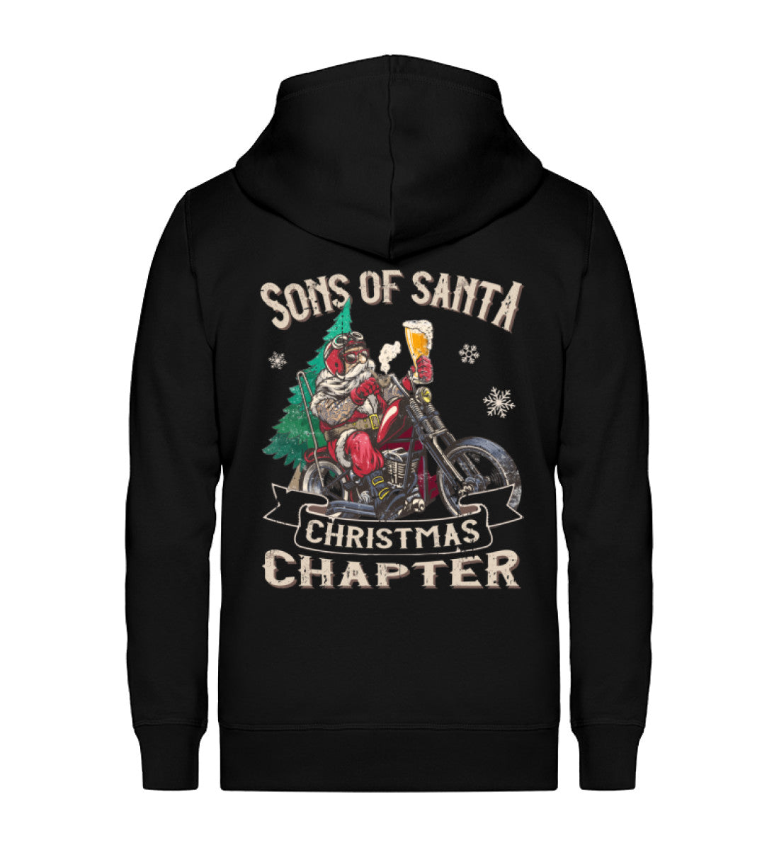 Eine Reißverschluss-Jacke für Motorradfahrer von Wingbikers mit dem Aufdruck, Sons of Santa - mit dem Weihnachtsmann auf dem Motorrad , in schwarz.