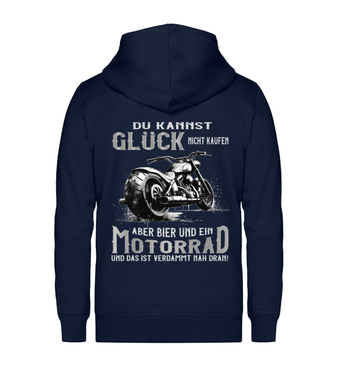 Eine Biker Reißverschlussjacke für Motorradfahrer von Wingbikers mit dem Aufdruck, Du kannst Glück nicht kaufen, aber Bier und ein Motorrad und das ist verdammt nah dran! - in navy blau.
