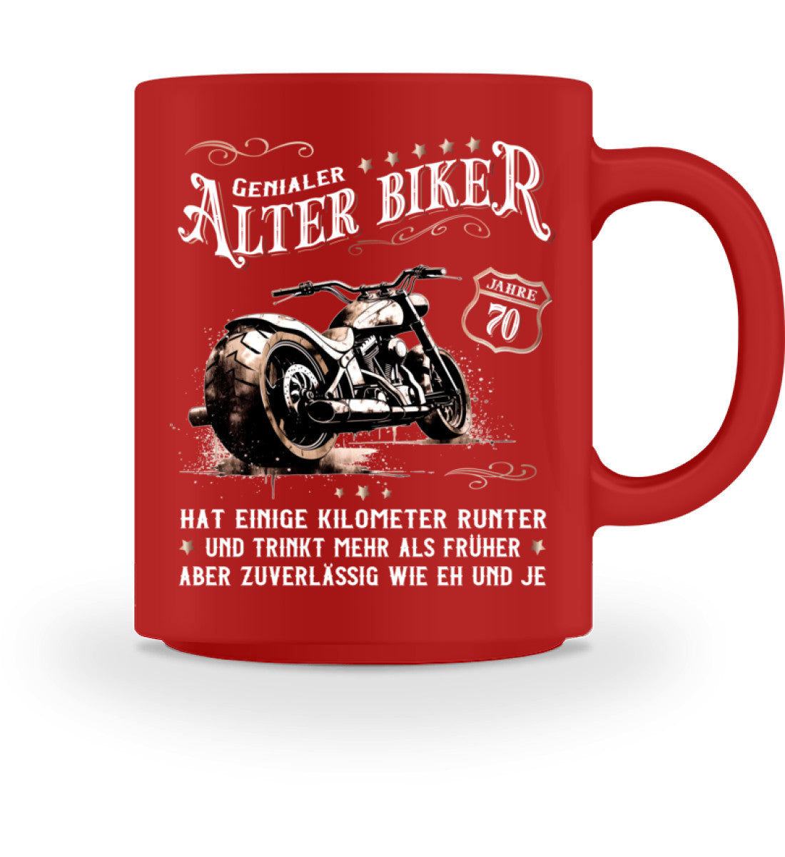 Eine Biker Geburtstags-Tasse für Motorradfahrer, von Wingbikers, mit dem beidseitigen Aufdruck, Alter Biker - 70 Jahre - Einige Kilometer runter, trinkt mehr - aber zuverlässig wie eh und je, in rot.