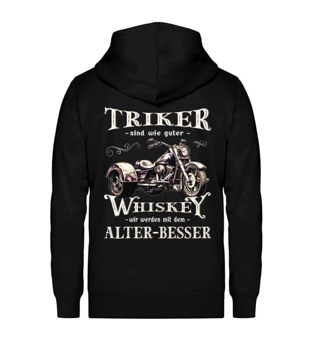 Eine Reißverschluss-Jacke für Trike Fahrer von Wingbikers mit dem Aufdruck, Triker sind wie guter Whiskey - Wir werden mit dem Alter besser, in schwarz.