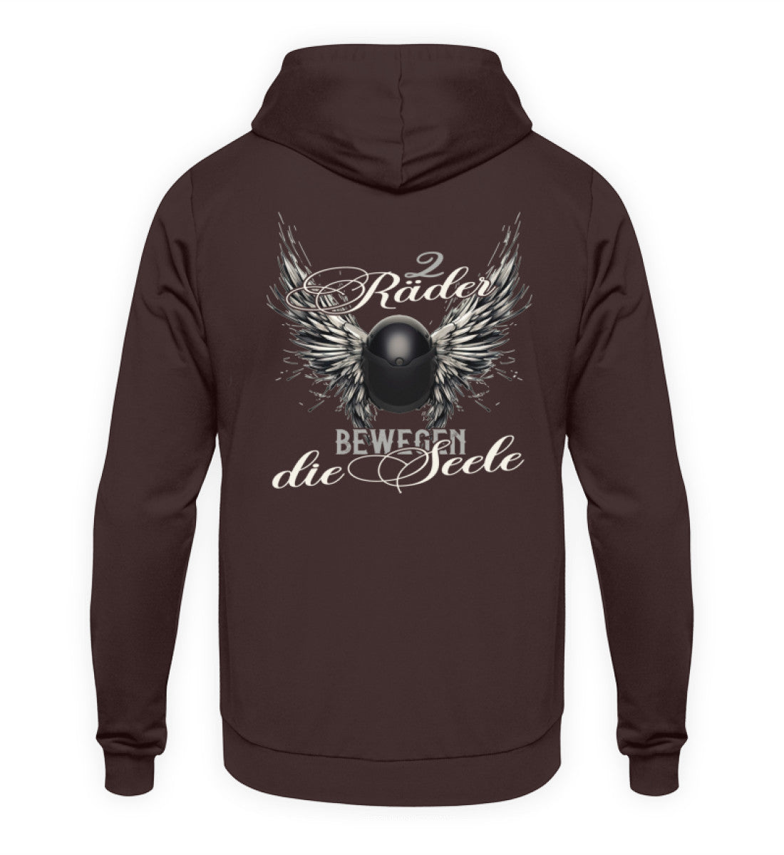 Ein Hoodie für Motorradfahrerinnen von Wingbikers mit dem Aufdruck, Zwei Räder bewegen die Seele - Helm mit Flügeln, als Back Print - in braun.
