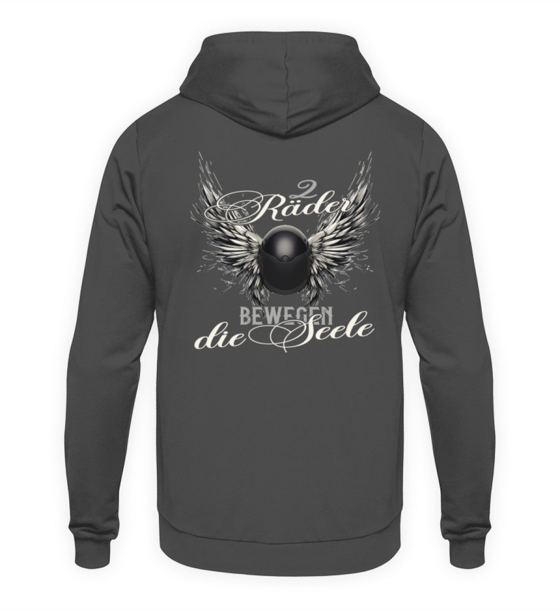 Ein Hoodie für Motorradfahrerinnen von Wingbikers mit dem Aufdruck, Zwei Räder bewegen die Seele - Helm mit Flügeln, als Back Print - in grau.