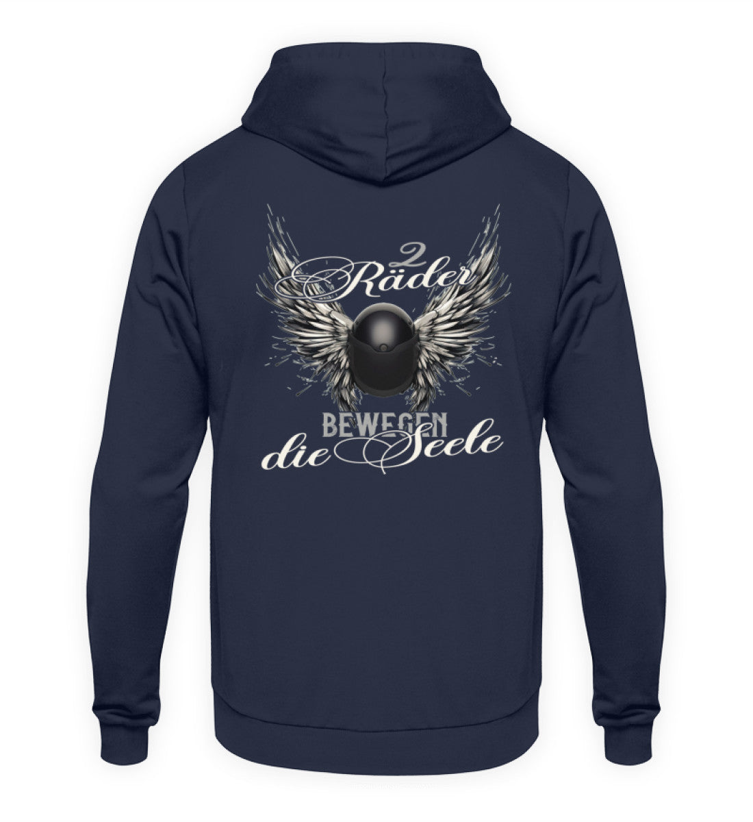 Ein Hoodie für Motorradfahrerinnen von Wingbikers mit dem Aufdruck, Zwei Räder bewegen die Seele - Helm mit Flügeln, als Back Print - in navy.