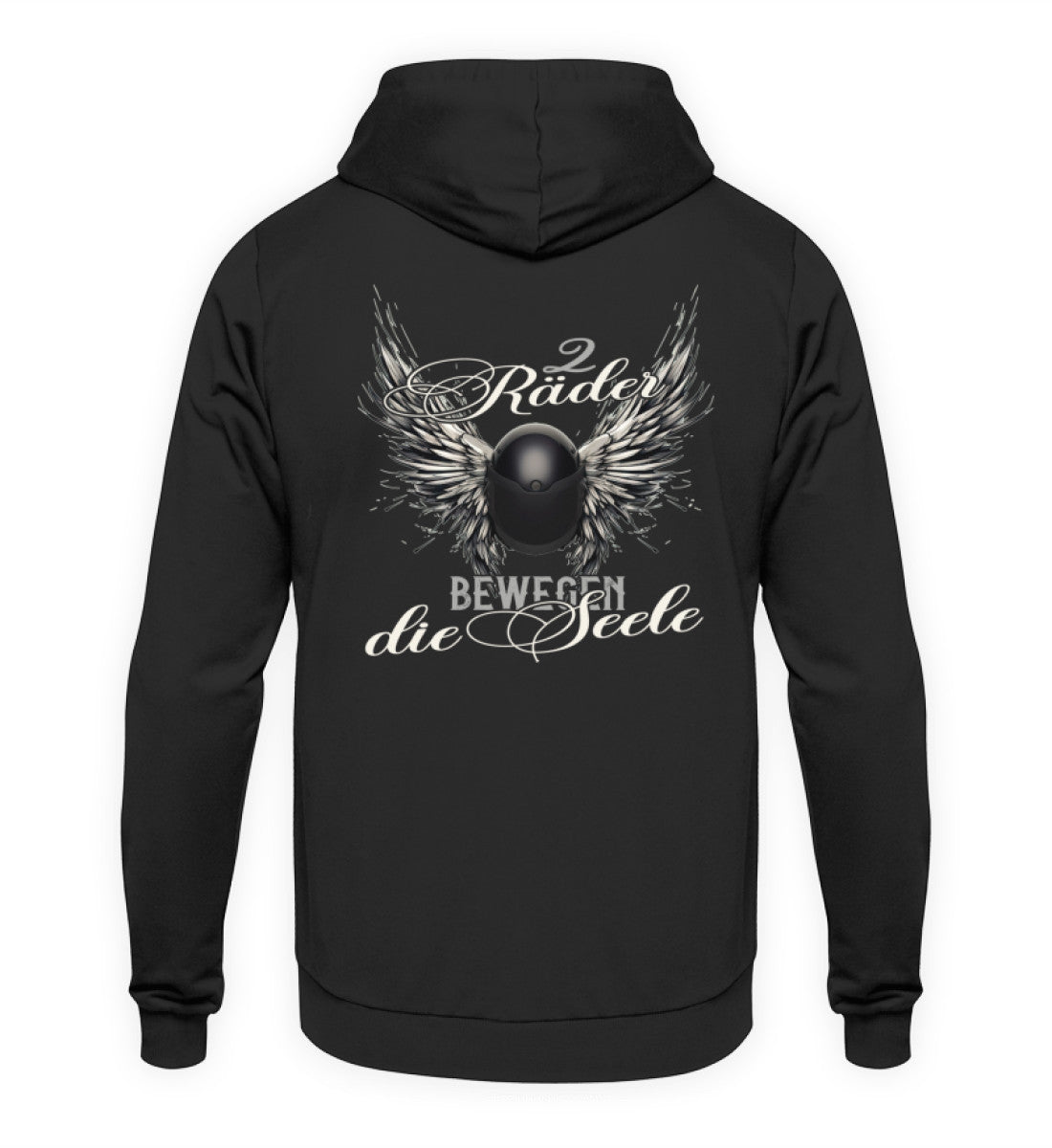 Ein Hoodie für Motorradfahrerinnen von Wingbikers mit dem Aufdruck, Zwei Räder bewegen die Seele - Helm mit Flügeln, als Back Print - in schwarz.