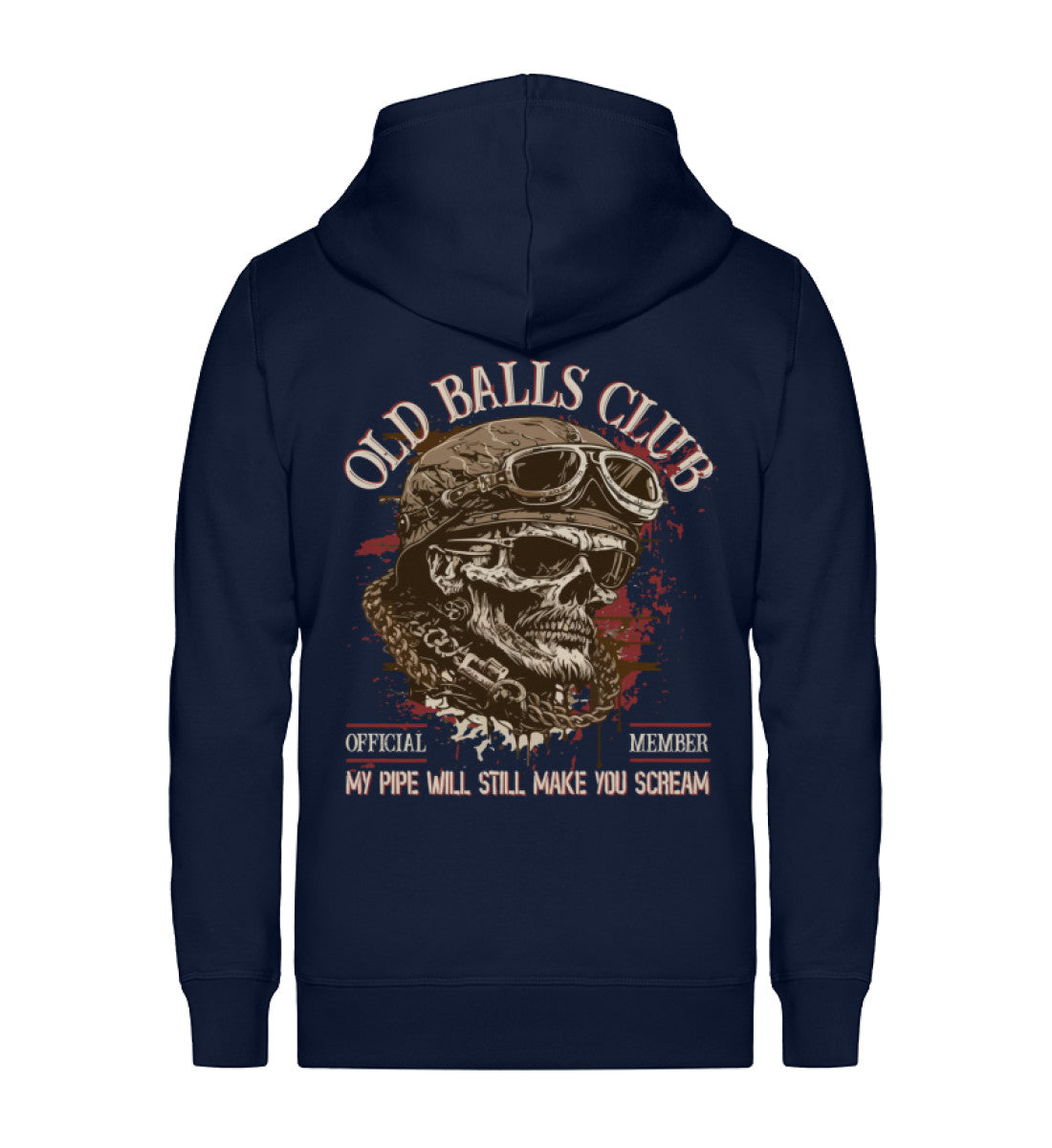 Eine Reißverschluss-Jacke für Motorradfahrer von Wingbikers mit dem Aufdruck, Old Balls Club - My Pipe Will Still Make You Scream, in navy blau.