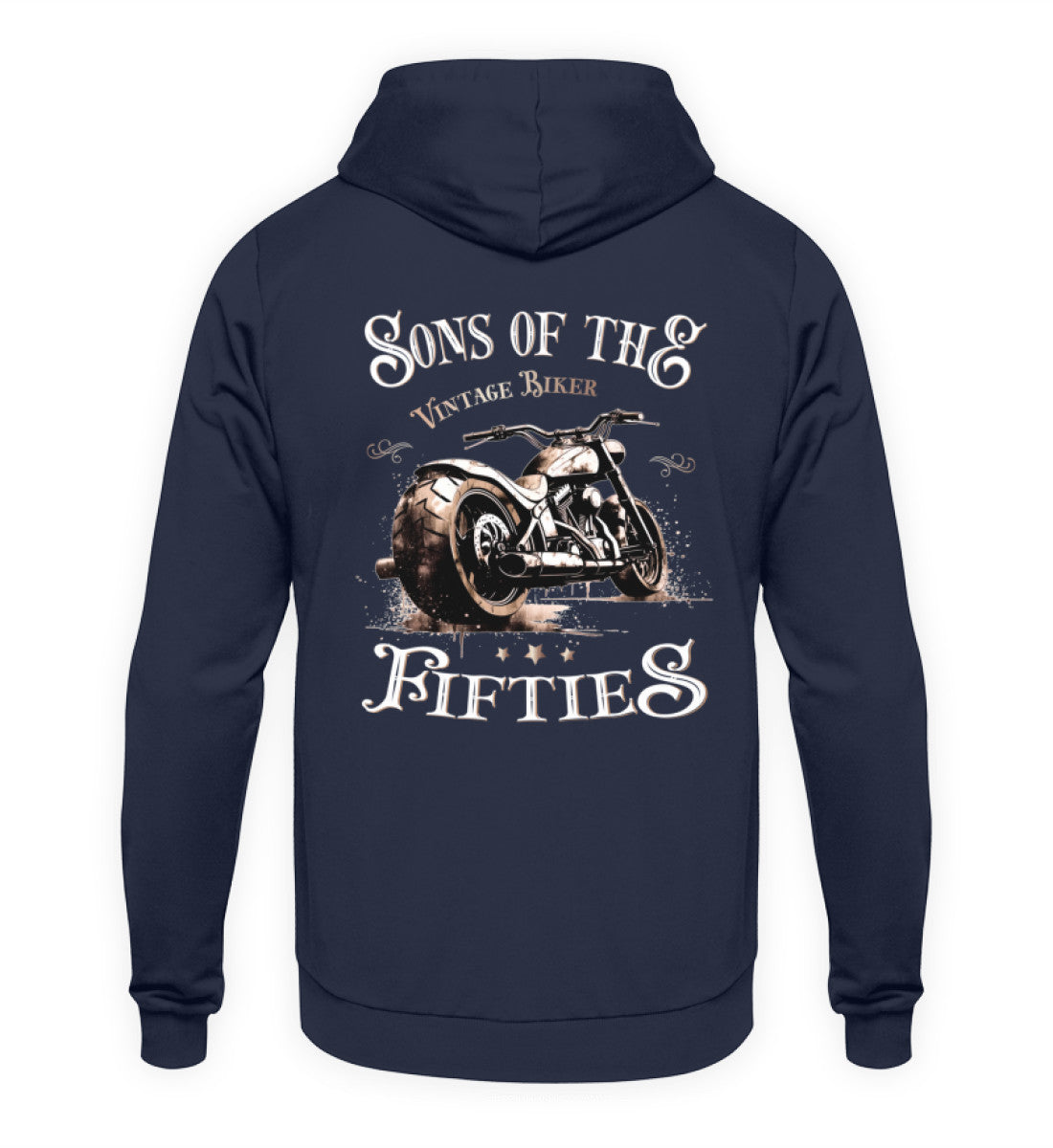 Ein Biker Hoodie für Motorradfahrer von Wingbikers mit dem Aufdruck, Sons of the Fifties - Vintage Biker, als Back Print, in navy blau.