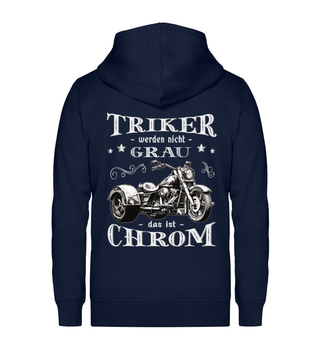 Eine Reißverschluss-Jacke für Trikefahrer von Wingbikers mit dem Aufdruck, Triker werden nicht grau - Das ist Chrom, in navy blau.